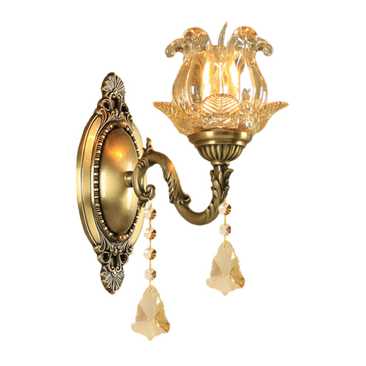 Traditionelle halb-offene Blumen-Wandlampe 1/2-Licht klares Glas Wandmontage Beleuchtung in Messing