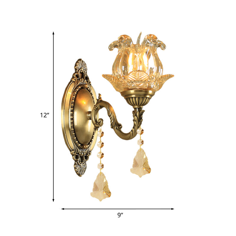 Traditionelle halb-offene Blumen-Wandlampe 1/2-Licht klares Glas Wandmontage Beleuchtung in Messing