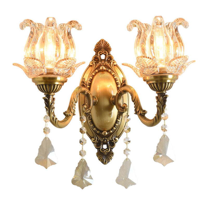 Traditionelle halb-offene Blumen-Wandlampe 1/2-Licht klares Glas Wandmontage Beleuchtung in Messing