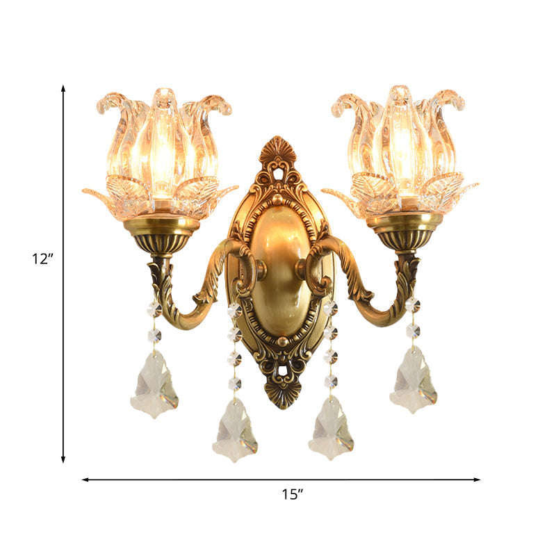 Traditionelle halb-offene Blumen-Wandlampe 1/2-Licht klares Glas Wandmontage Beleuchtung in Messing
