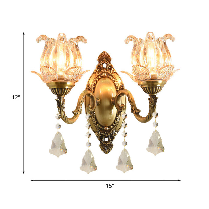 Traditionelle halb-offene Blumen-Wandlampe 1/2-Licht klares Glas Wandmontage Beleuchtung in Messing