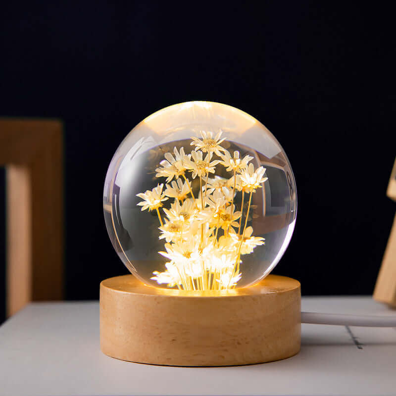 LED-Nachtlicht Blumen-Kristallkugel Kinder-Nachtlampe mit Holzsockel Schlafzimmer Ambientelicht Kreativgeschenk Nachtlicht
