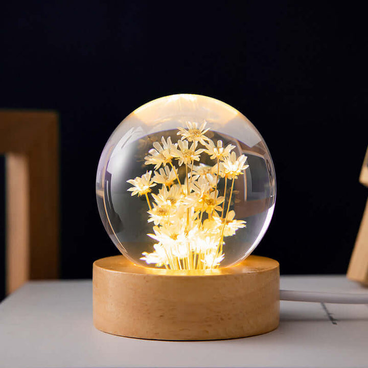 LED-Nachtlicht Blumen-Kristallkugel Kinder-Nachtlampe mit Holzsockel Schlafzimmer Ambientelicht Kreativgeschenk Nachtlicht
