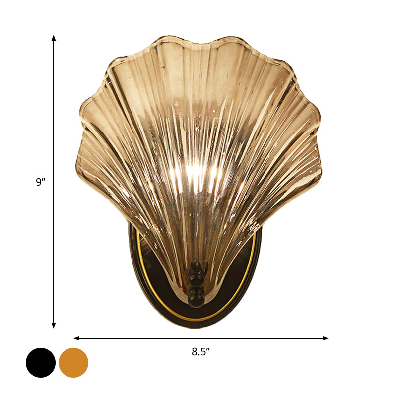 Einzelne gewellte Muschel Wandlampe Landhausstil Schwarz/Gold geripptes Glas Wandleuchte Beleuchtungseinheit