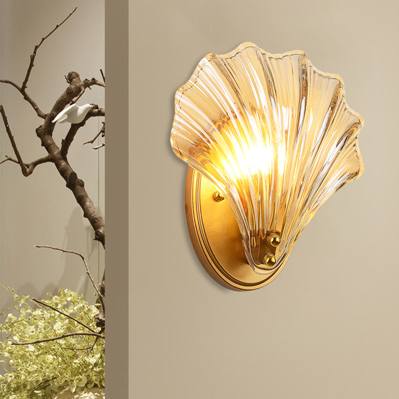Einzelne gewellte Muschel Wandlampe Landhausstil Schwarz/Gold geripptes Glas Wandleuchte Beleuchtungseinheit
