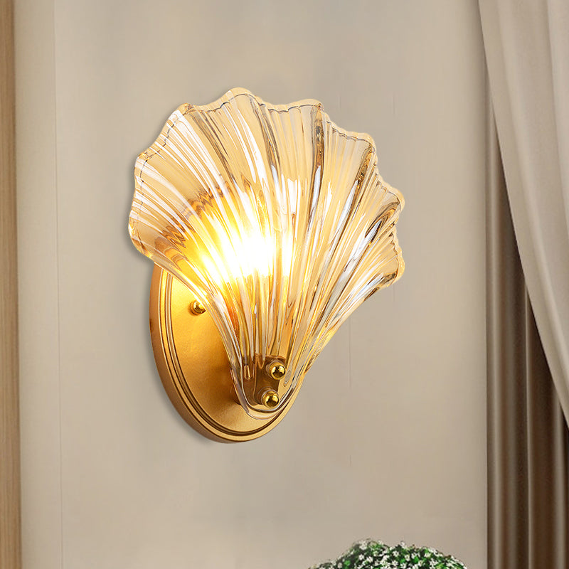 Einzelne gewellte Muschel Wandlampe Landhausstil Schwarz/Gold geripptes Glas Wandleuchte Beleuchtungseinheit