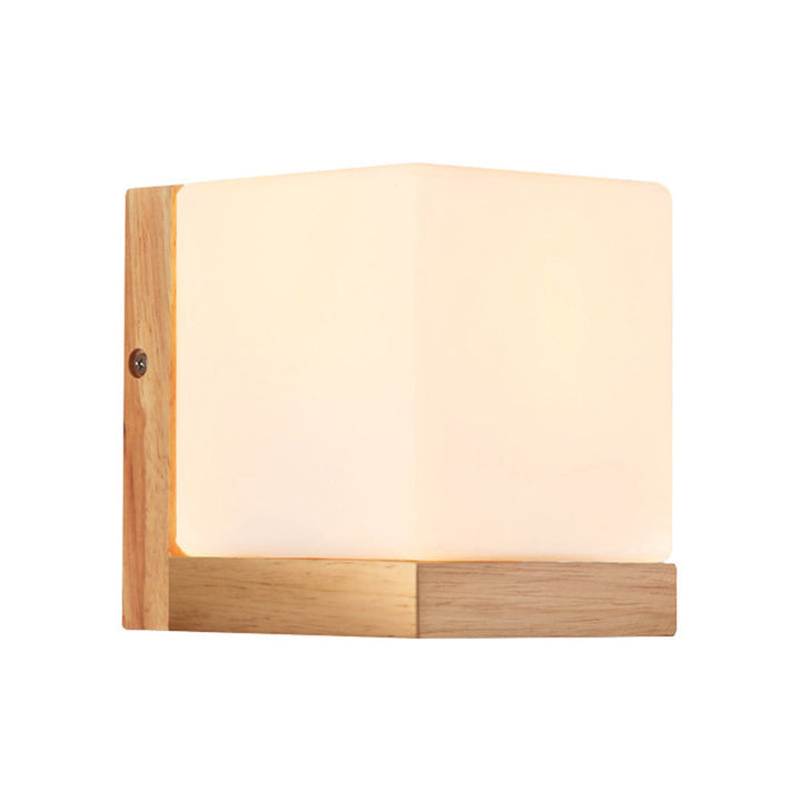 Hotel Restaurant Cube Wandlampe Opalglas Holz 1 Licht Japanischer Stil Weiße Wandlampe