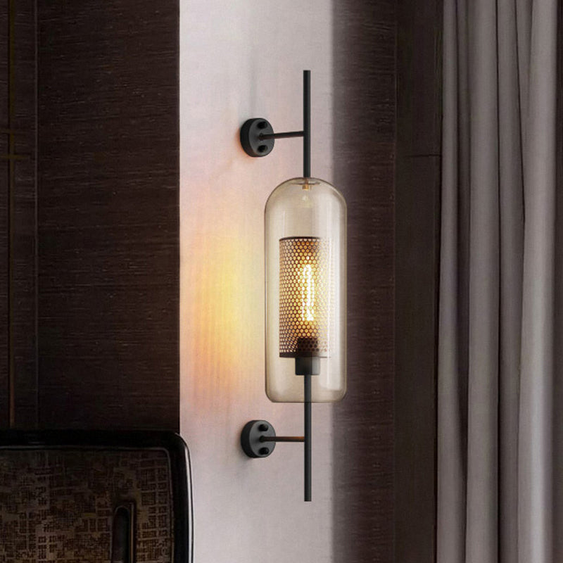 Kognakglas Schwarze Wandleuchte Oblong 1 Glühbirne Kolonialstil Wandmontierte Lampe mit innerem Säulengitter, 5"/6" B