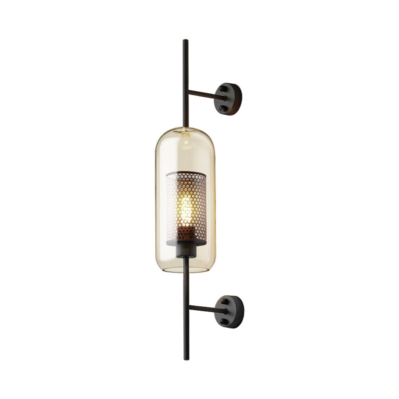 Kognakglas Schwarze Wandleuchte Oblong 1 Glühbirne Kolonialstil Wandmontierte Lampe mit innerem Säulengitter, 5"/6" B
