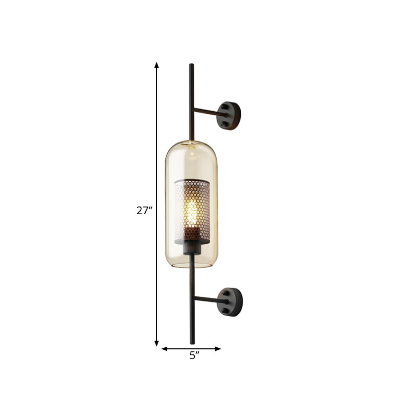 Kognakglas Schwarze Wandleuchte Oblong 1 Glühbirne Kolonialstil Wandmontierte Lampe mit innerem Säulengitter, 5"/6" B