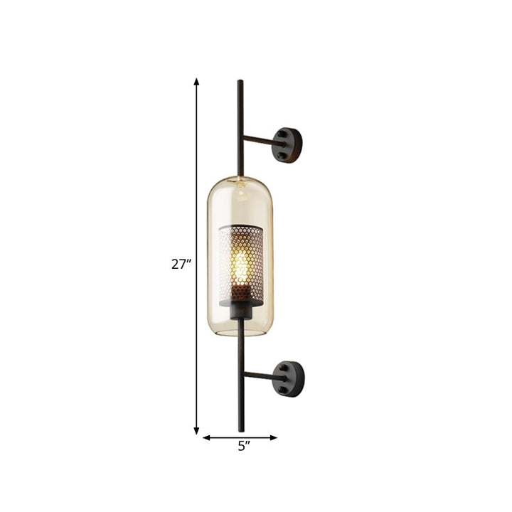 Kognakglas Schwarze Wandleuchte Oblong 1 Glühbirne Kolonialstil Wandmontierte Lampe mit innerem Säulengitter, 5"/6" B