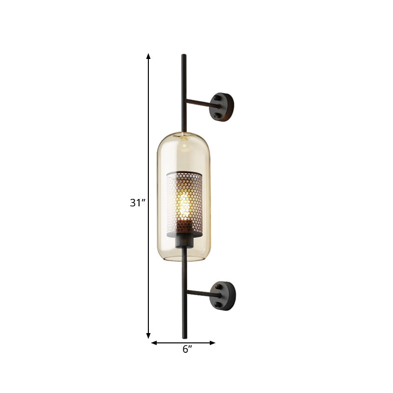 Kognakglas Schwarze Wandleuchte Oblong 1 Glühbirne Kolonialstil Wandmontierte Lampe mit innerem Säulengitter, 5"/6" B