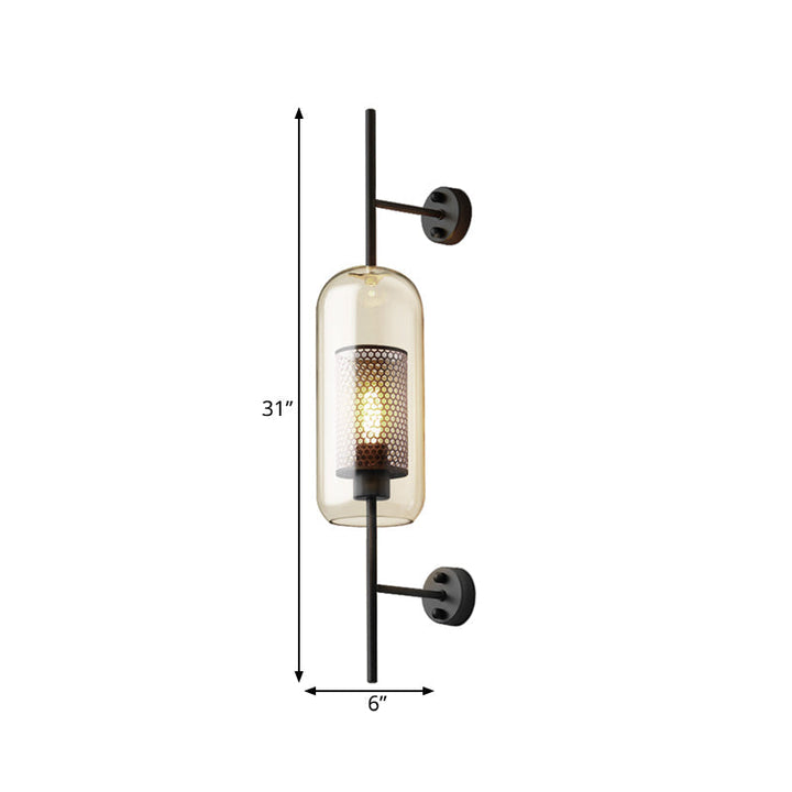 Kognakglas Schwarze Wandleuchte Oblong 1 Glühbirne Kolonialstil Wandmontierte Lampe mit innerem Säulengitter, 5"/6" B