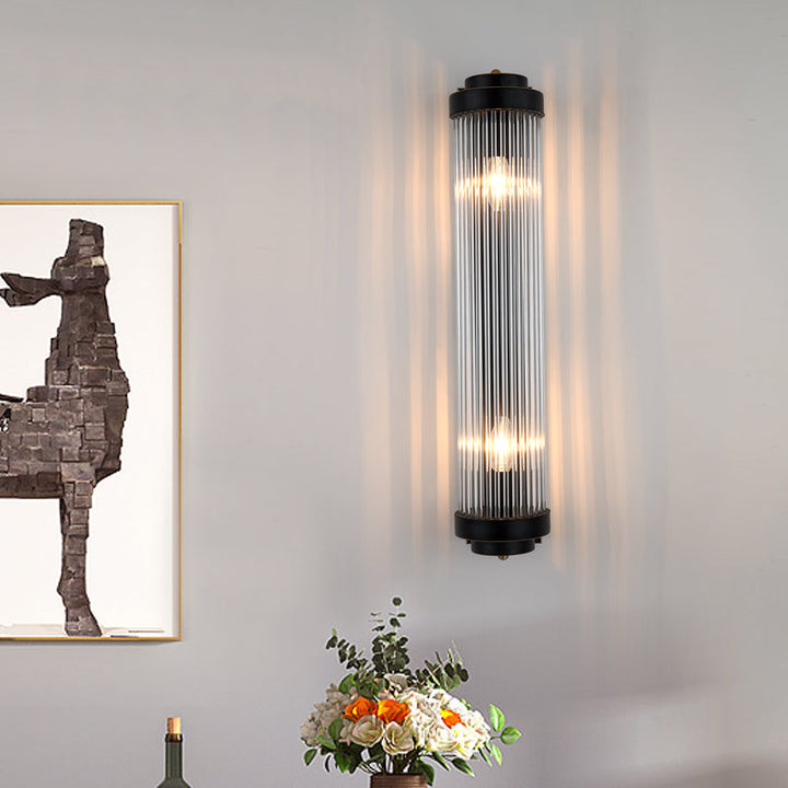 Wandmontierte Lampe aus Rohr Modern Stil Klare Kristall und Metall 2 Lichter Wandleuchte in Schwarz für Nachttisch