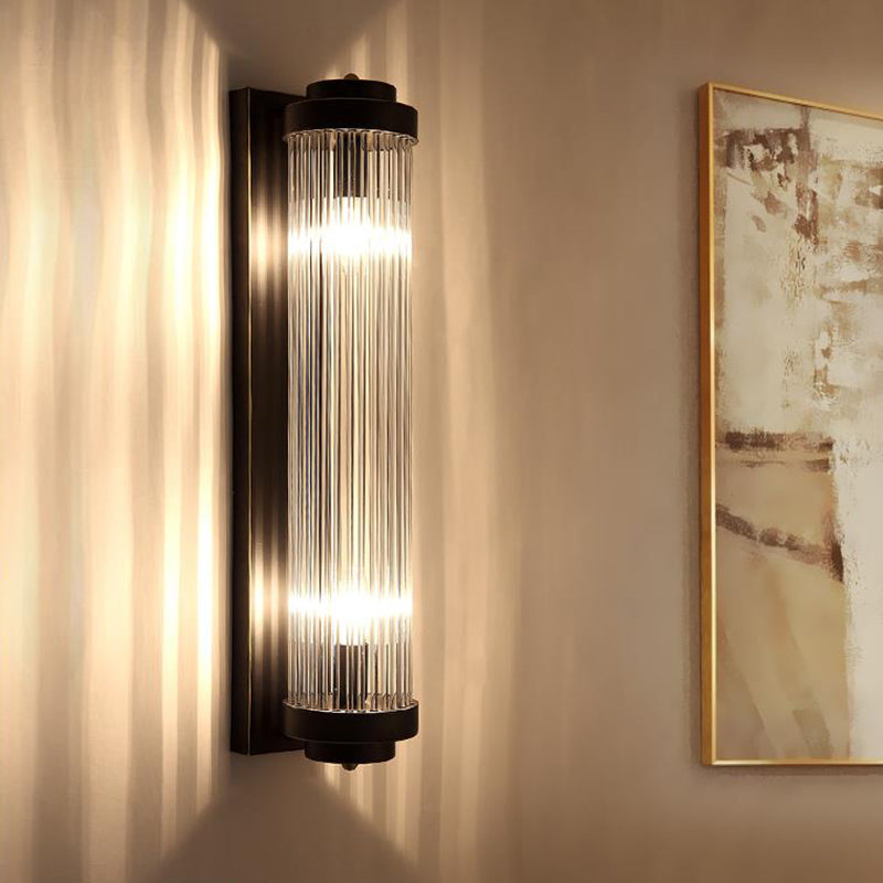 Wandmontierte Lampe aus Rohr Modern Stil Klare Kristall und Metall 2 Lichter Wandleuchte in Schwarz für Nachttisch