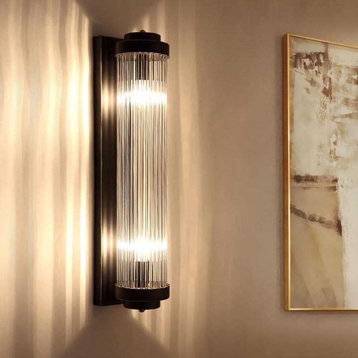 Wandmontierte Lampe aus Rohr Modern Stil Klare Kristall und Metall 2 Lichter Wandleuchte in Schwarz für Nachttisch