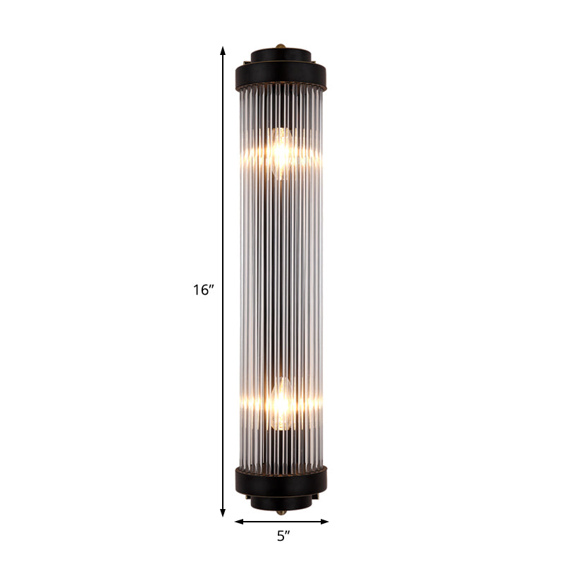 Wandmontierte Lampe aus Rohr Modern Stil Klare Kristall und Metall 2 Lichter Wandleuchte in Schwarz für Nachttisch