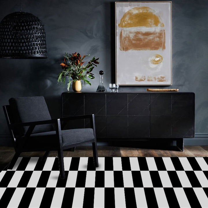 Zeitgenössischer kariert Muster Teppich Schwarz und Weiß Polyester Teppich Maschinenwaschbar Rutschfester Teppich für das Schlafzimmer