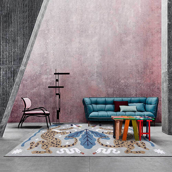 Stylischer Tiermuster-Teppich grau und blau Nordischer Teppich Polyester waschbar rutschfeste Rückseite Teppich für das Wohnzimmer