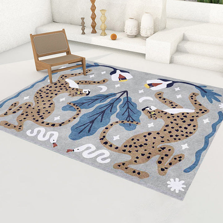 Stylischer Tiermuster-Teppich grau und blau Nordischer Teppich Polyester waschbar rutschfeste Rückseite Teppich für das Wohnzimmer