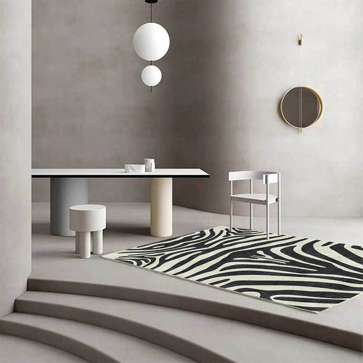 Zeitgenössischer Zebra-Streifen-Teppich Schwarz und Weiß Polyester-Teppich Maschinenwaschbar Rutschfester Teppich für das Schlafzimmer