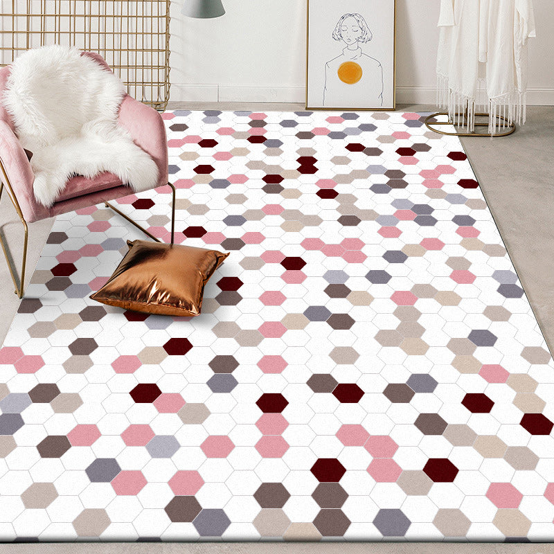 Weißer Schlafzimmerteppich Moderner Punktestrich Hexagonmuster Teppich Polyester Rutschfester Rücken Teppich