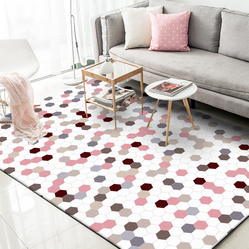 Weißer Schlafzimmerteppich Moderner Punktestrich Hexagonmuster Teppich Polyester Rutschfester Rücken Teppich