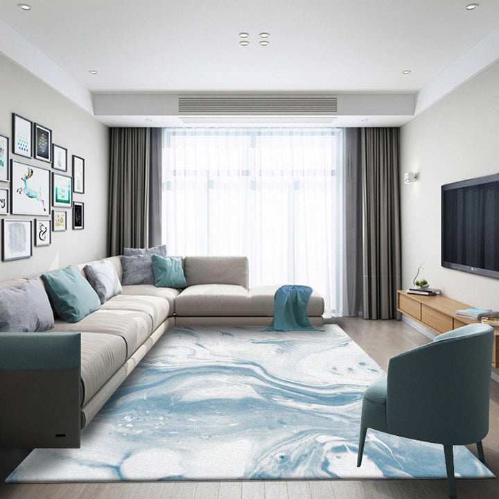 Moderner Teppich für das Wohnzimmer in Blau und Weiß mit abstraktem Ozeanmuster, Polyester, waschbar, haustierfreundlich.