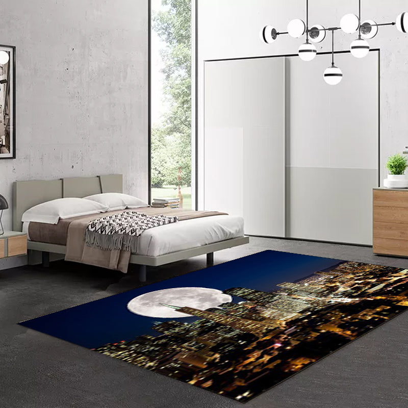 Zeitgenössischer geografischer Musterteppich mit Mond dunkelblauem Polyesterteppich maschinenwaschbar rutschfester Teppich für das Schlafzimmer