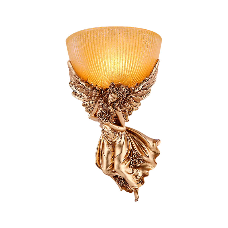 Einsäulige Engel Wandleuchte Landsitz Gold Harz Wandmontierte Lampe mit Bernsteinfarbenem Geriffeltem Glas Schirm, Rechts