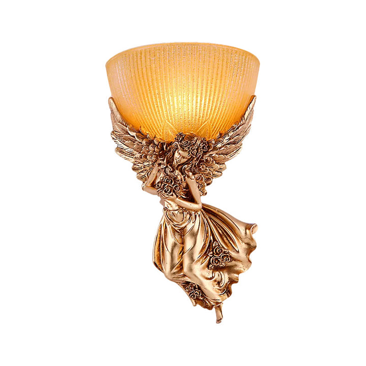 Einsäulige Engel Wandleuchte Landsitz Gold Harz Wandmontierte Lampe mit Bernsteinfarbenem Geriffeltem Glas Schirm, Rechts