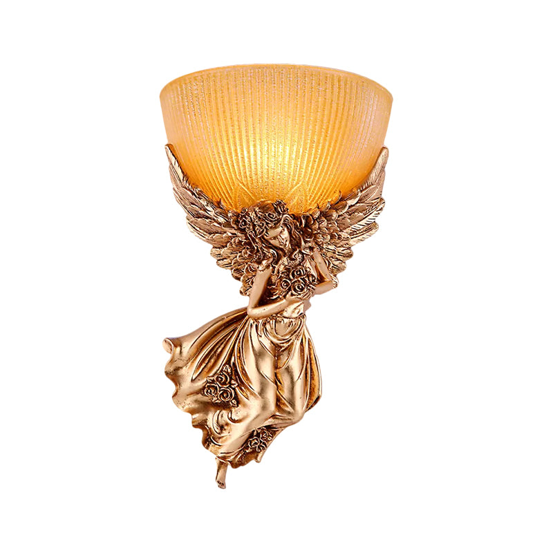 Einsäulige Engel Wandleuchte Landsitz Gold Harz Wandmontierte Lampe mit Bernsteinfarbenem Geriffeltem Glas Schirm, Rechts