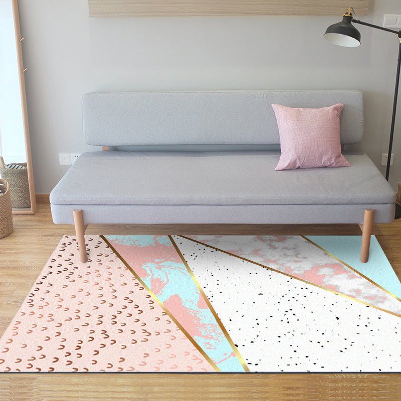 Rosa Schlafzimmer Teppich Moderner Farbblock Geometrie Marmor Muster Teppich Polyester Waschbar Fleckenbeständiger Teppich