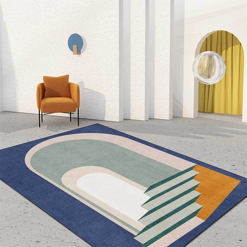 Moderner Wohnzimmerteppich in Blau- und Grüntönen, Farbblock Tür Treppe Druckteppich, Polyester, maschinenwaschbarer Teppich für den Bereich