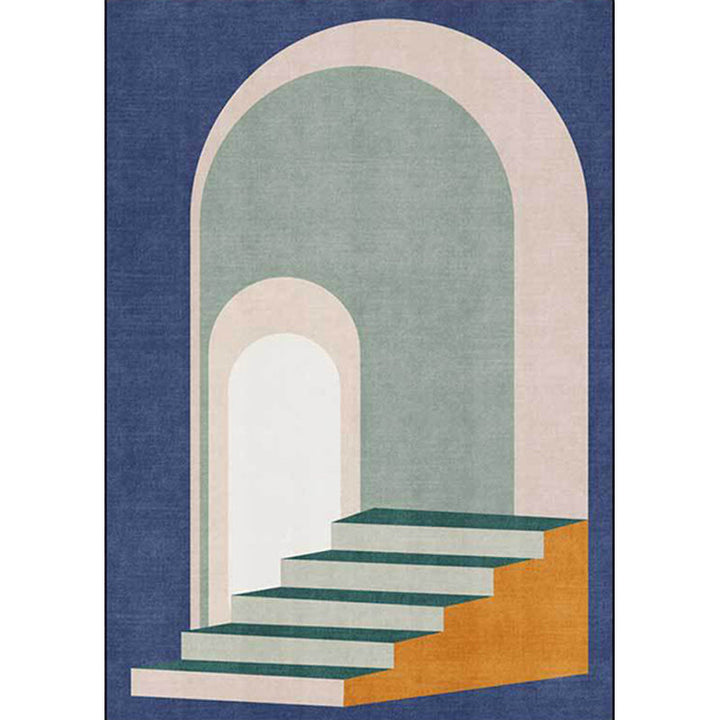 Moderner Wohnzimmerteppich in Blau- und Grüntönen, Farbblock Tür Treppe Druckteppich, Polyester, maschinenwaschbarer Teppich für den Bereich