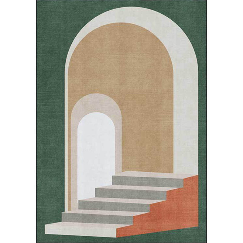 Moderner Wohnzimmerteppich in Blau- und Grüntönen, Farbblock Tür Treppe Druckteppich, Polyester, maschinenwaschbarer Teppich für den Bereich