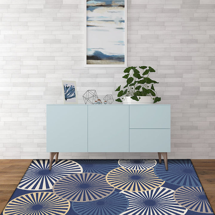 Stylteckte radiale Musterteppich Beige und Blau Moderner Teppich Polyester Waschbar Rutschfeste Rückseite Teppich für das Wohnzimmer