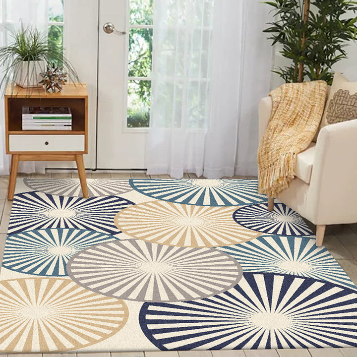 Stylteckte radiale Musterteppich Beige und Blau Moderner Teppich Polyester Waschbar Rutschfeste Rückseite Teppich für das Wohnzimmer