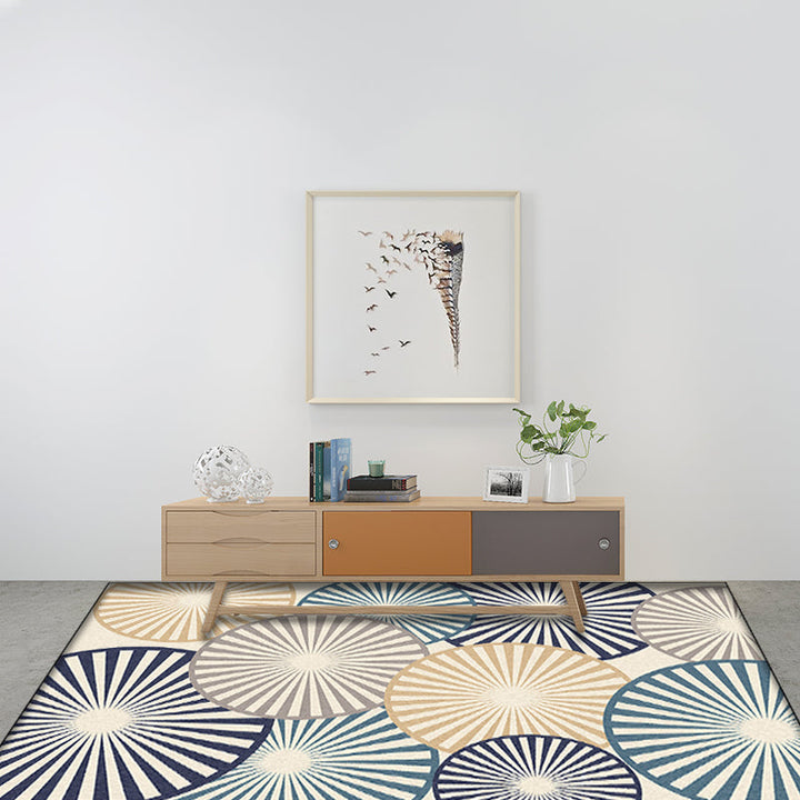 Stylteckte radiale Musterteppich Beige und Blau Moderner Teppich Polyester Waschbar Rutschfeste Rückseite Teppich für das Wohnzimmer