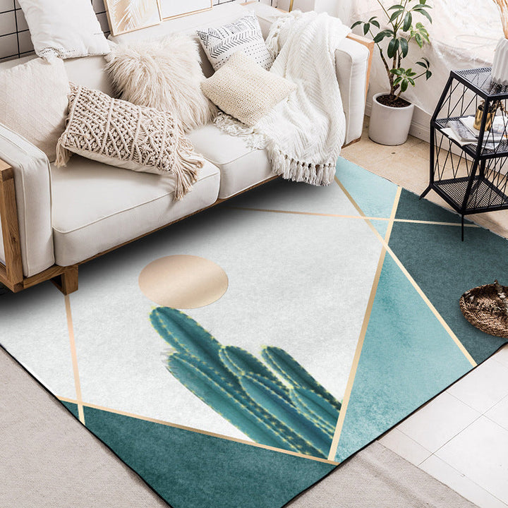 Moderner Wohnzimmerteppich in grün und grau Farbblock Kaktus Sonnenmotiv Teppich Polyester rutschfeste Rückseite waschbarer Teppich