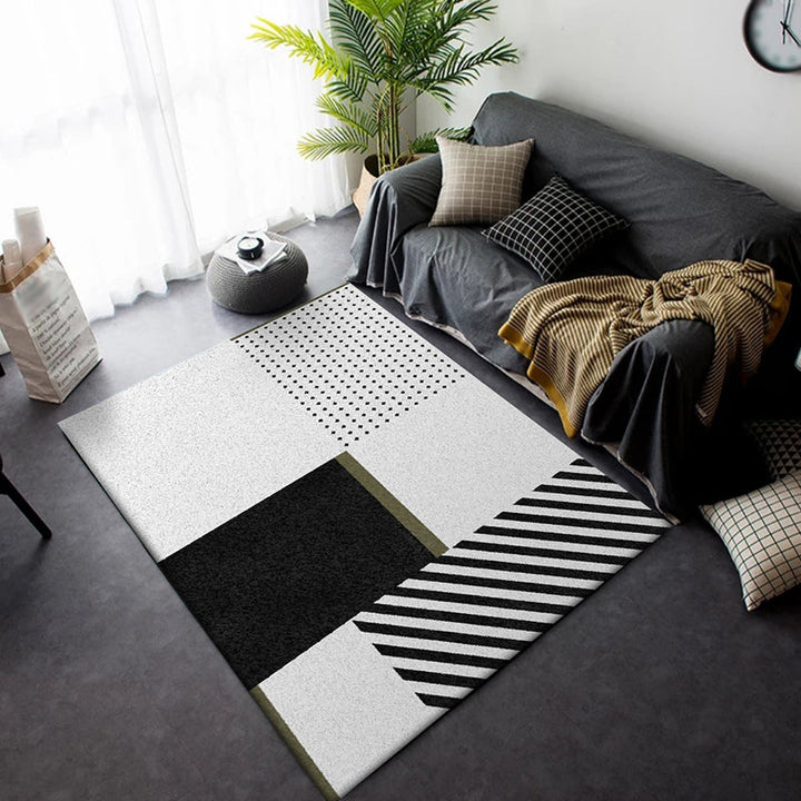 Nordic Modern Teppich in Schwarz und Weiß geometrisches Punktmuster gestreifter Teppich Polyester waschbarer Teppich für die Wohnkultur