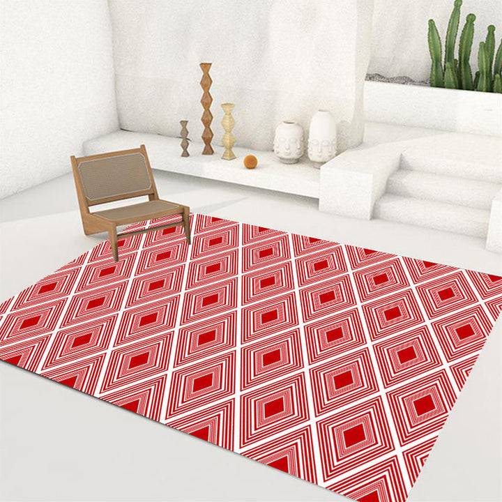 Roter Schlafzimmerteppich Moderner Karomuster Diamantmuster Teppich Polyester Waschbar Fleckenresistenter Teppich