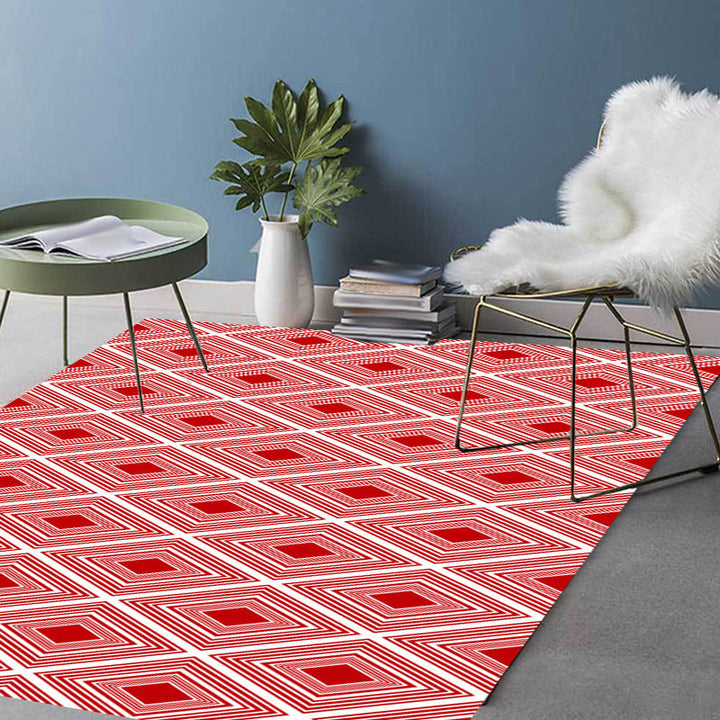 Roter Schlafzimmerteppich Moderner Karomuster Diamantmuster Teppich Polyester Waschbar Fleckenresistenter Teppich