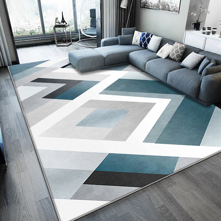 Einzigartiger geometrischer Musterteppich Blau und Weiß Moderner Teppich Polyester Waschbar Haustierfreundlich Rutschfester Teppich für das Wohnzimmer