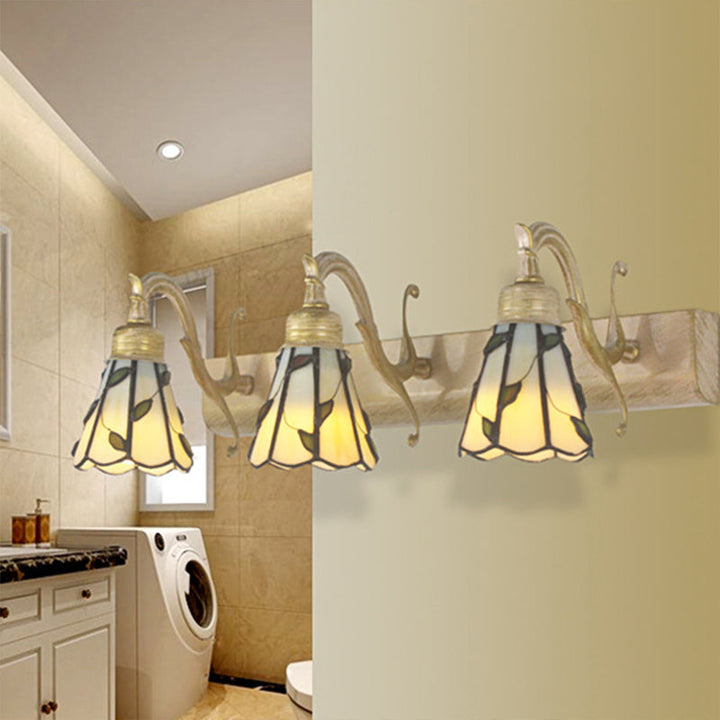 3 Köpfe Blatt Vanity Licht Rustikales Loft Buntglas Make-up Spiegel Licht mit linearer Rückenplatte in Kupfer/Antikmessing/Gold