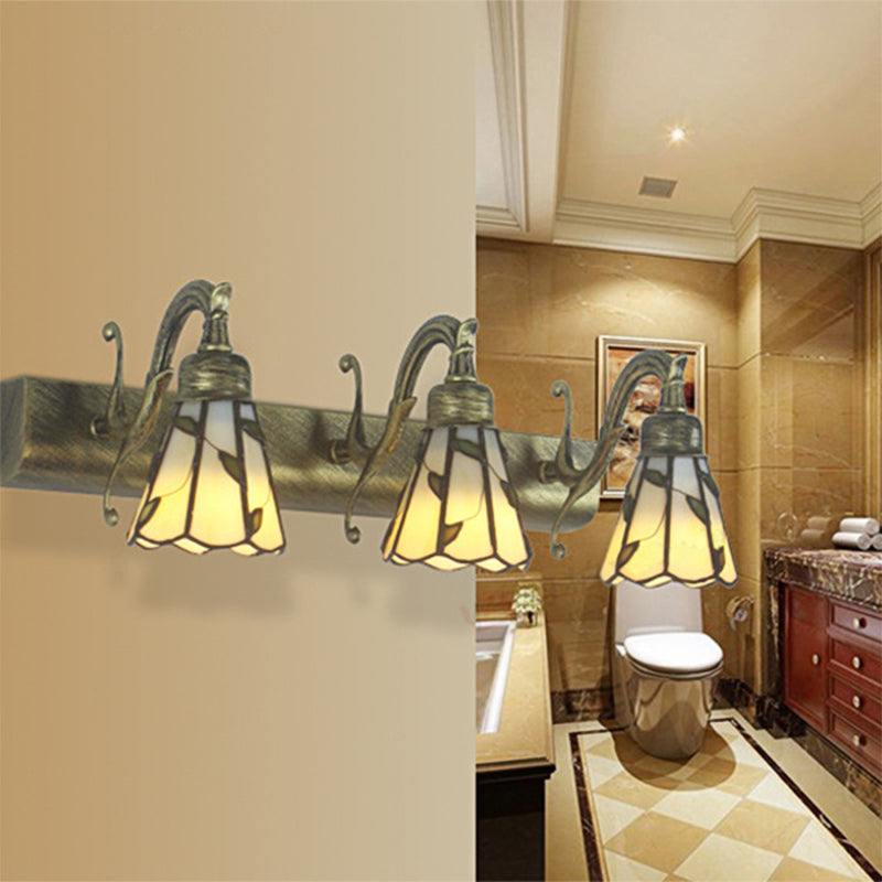 3 Köpfe Blatt Vanity Licht Rustikaler Loft Buntglas Makeup Spiegel Licht mit Linearer Rückwandplatte
