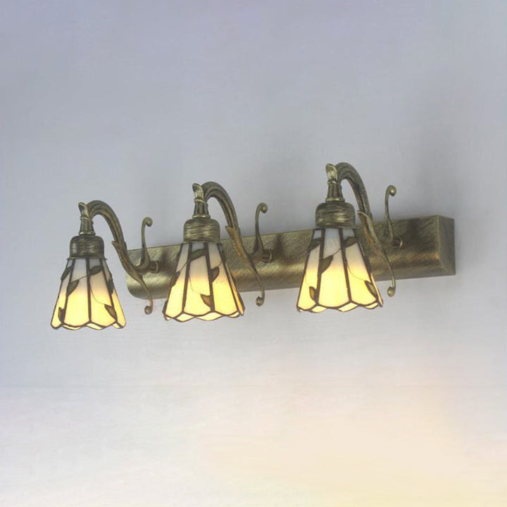 3 Köpfe Blatt Vanity Licht Rustikales Loft Buntglas Make-up Spiegel Licht mit linearer Rückenplatte in Kupfer/Antikmessing/Gold