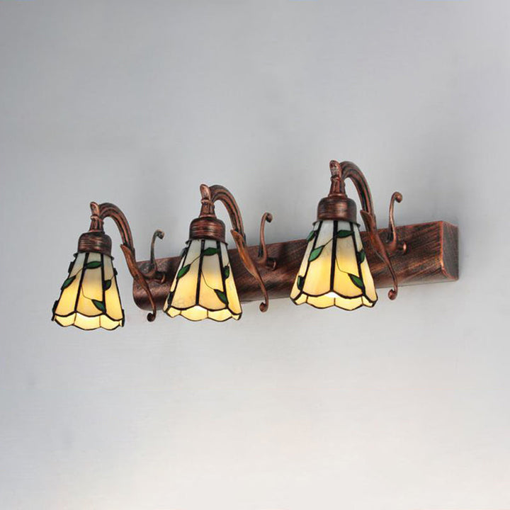 3 Köpfe Blatt Vanity Licht Rustikales Loft Buntglas Make-up Spiegel Licht mit linearer Rückenplatte in Kupfer/Antikmessing/Gold