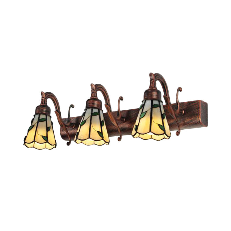 3 Köpfe Blatt Vanity Licht Rustikales Loft Buntglas Make-up Spiegel Licht mit linearer Rückenplatte in Kupfer/Antikmessing/Gold