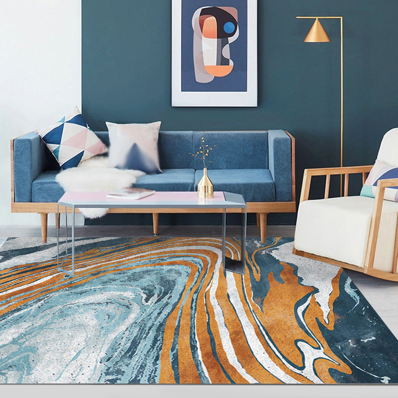 Stylischer Modernismus Teppich Mehrfarbig Aquarell und Wirbel gestreiftes Muster Teppich Haustierfreundlich Rutschfest Waschbarer Teppich für Dekoration